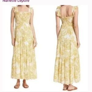 NANETTE LEPORE PALM LEAF MAXI DRESS HAWAIIAN TIERED SMOCKED RUFFLE SLEEVELESS